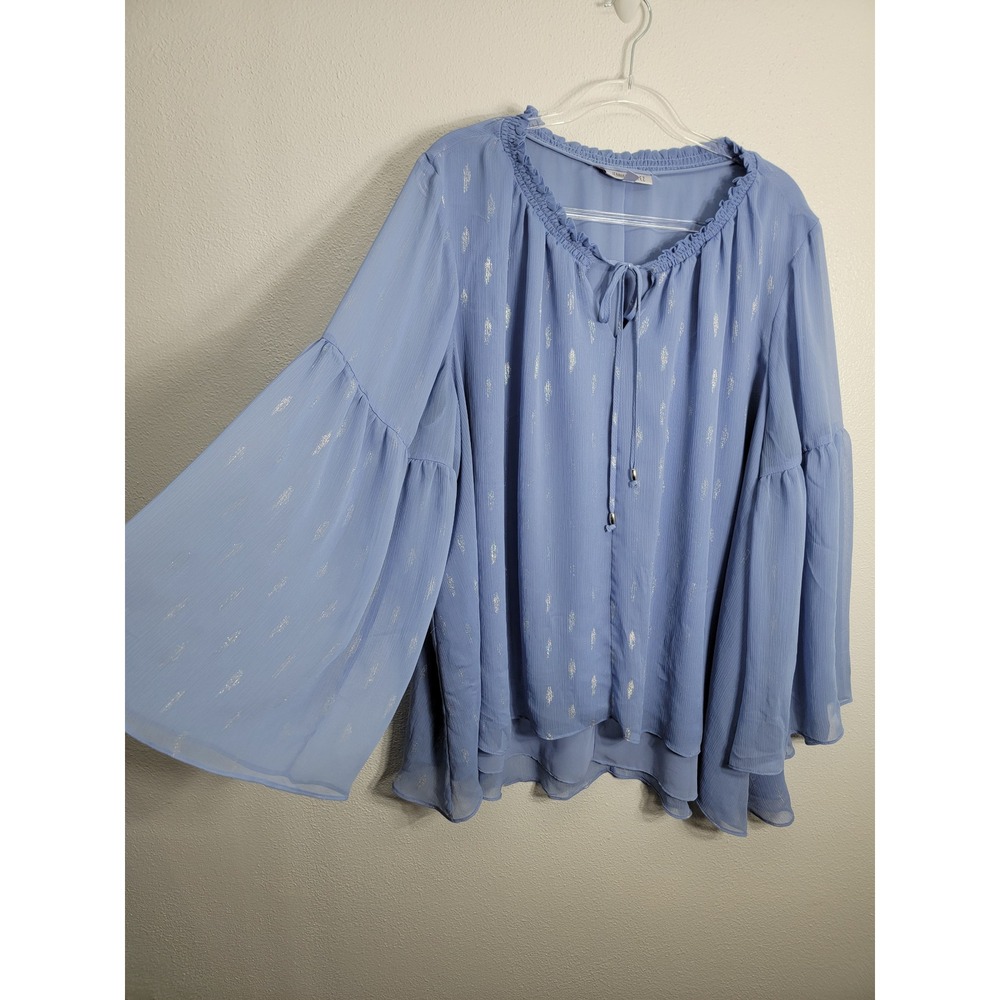 Jennifer Lopez Women 3X Blouse Blue Metallic Foil Bell Sleeve Boho Ruffle Top - Picture 3 of 7
